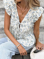 Shirt For Women Blue V-Neck Casual Lace Up Sleeveless Tops