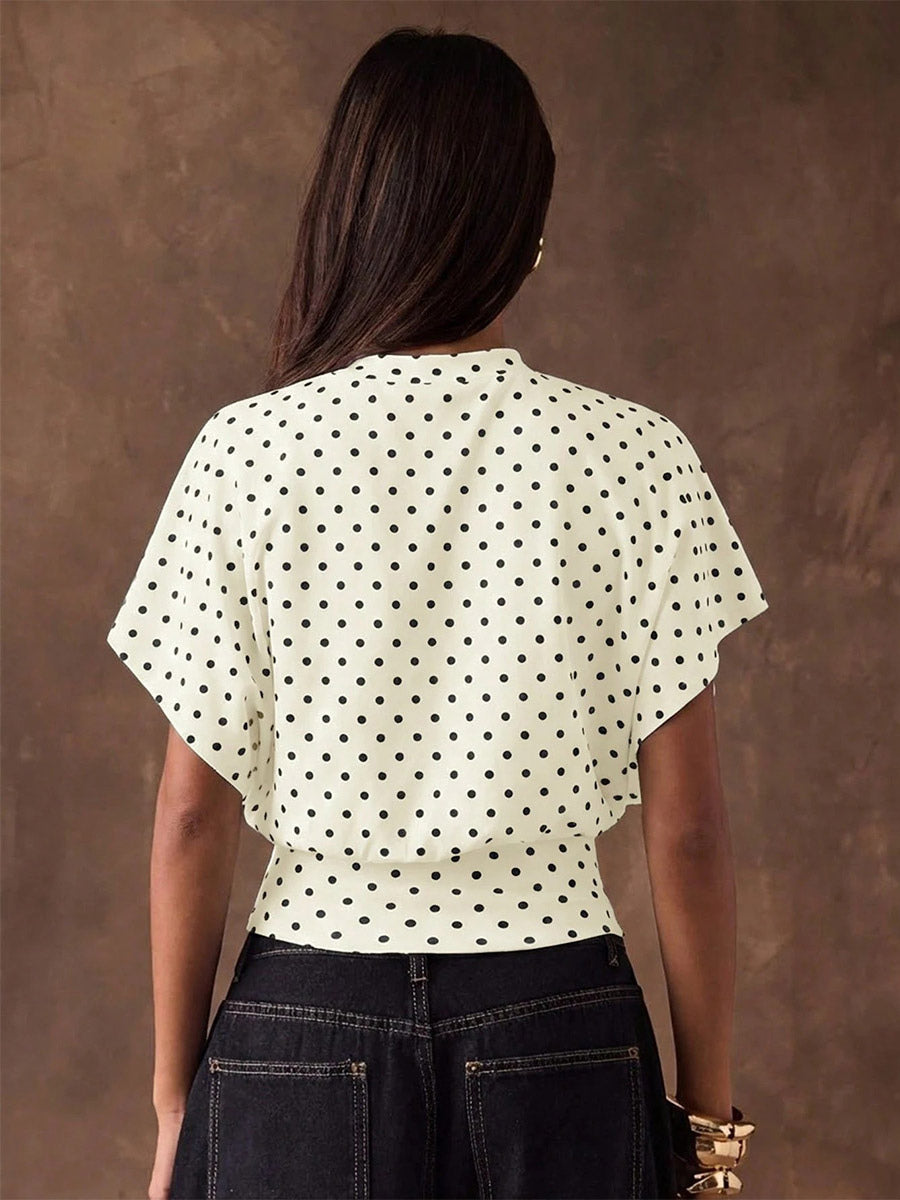 Tees 3/4 Length Sleeves Pink Polka Dot Jewel Neck Tee Shirt For Women