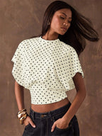 Tees 3/4 Length Sleeves Pink Polka Dot Jewel Neck Tee Shirt For Women