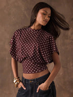Tees 3/4 Length Sleeves Pink Polka Dot Jewel Neck Tee Shirt For Women