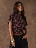 Tees 3/4 Length Sleeves Pink Polka Dot Jewel Neck Tee Shirt For Women