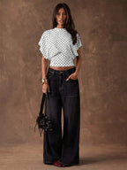 Tees 3/4 Length Sleeves Pink Polka Dot Jewel Neck Tee Shirt For Women