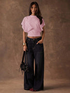 Tees 3/4 Length Sleeves Pink Polka Dot Jewel Neck Tee Shirt For Women