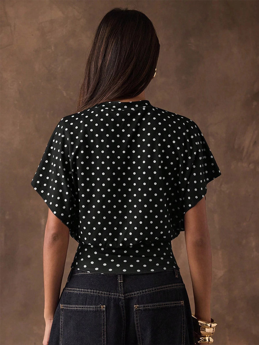 Tees 3/4 Length Sleeves Pink Polka Dot Jewel Neck Tee Shirt For Women