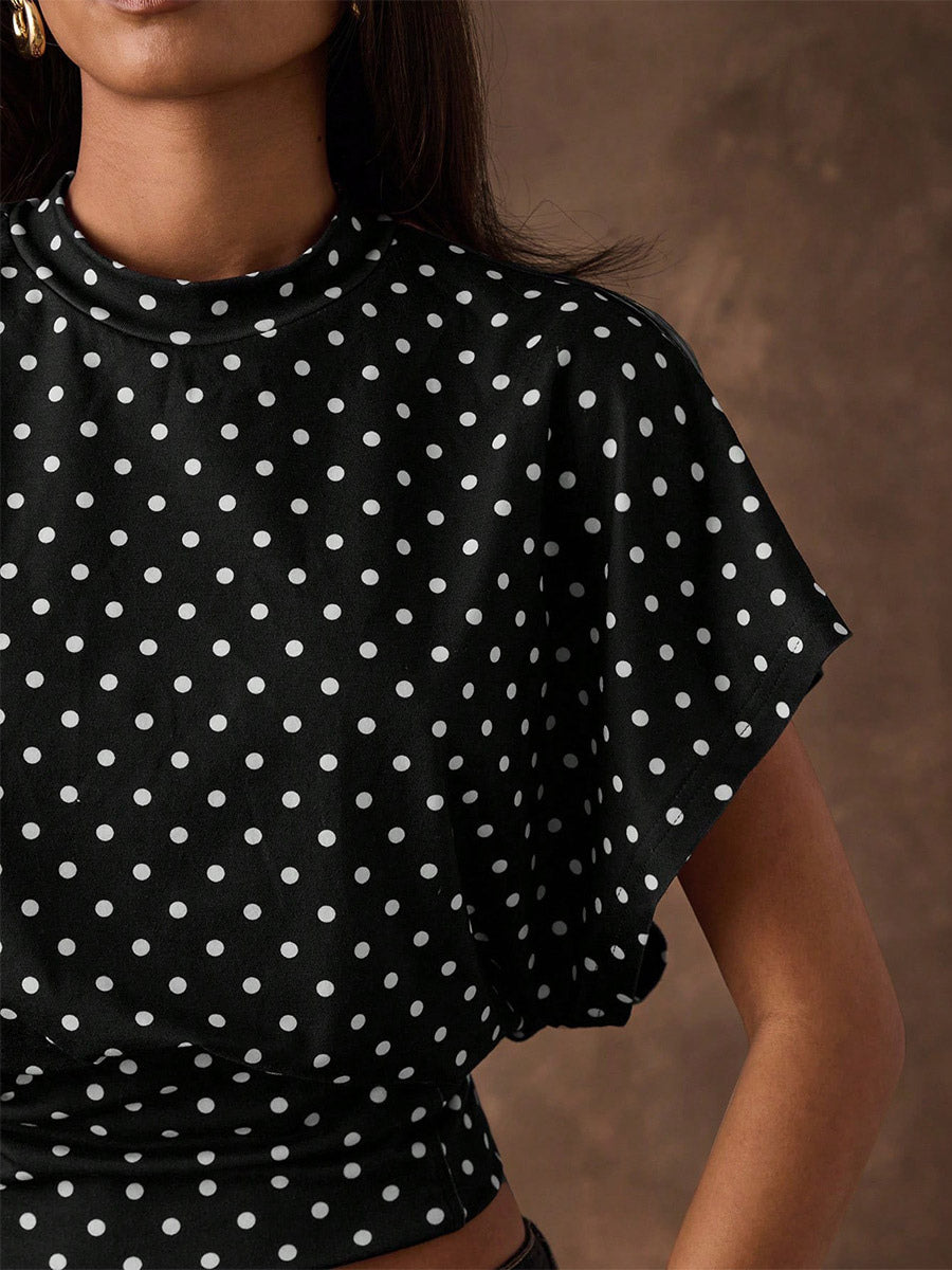 Tees 3/4 Length Sleeves Pink Polka Dot Jewel Neck Tee Shirt For Women
