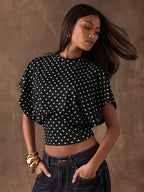 Tees 3/4 Length Sleeves Pink Polka Dot Jewel Neck Tee Shirt For Women