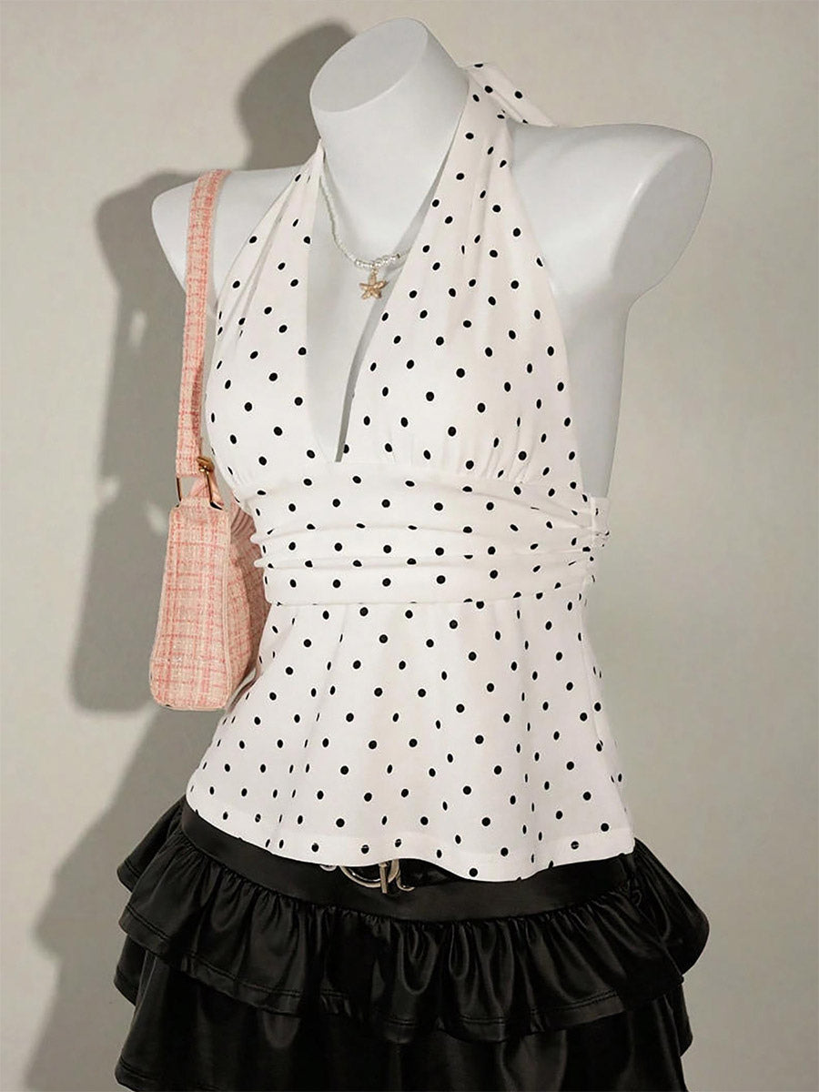 Black Cami Top Halter Lace Up Chic Polka Dot Camis For Women