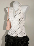 Black Cami Top Halter Lace Up Chic Polka Dot Camis For Women