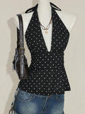 Black Cami Top Halter Lace Up Chic Polka Dot Camis For Women