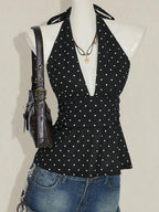 Black Cami Top Halter Lace Up Chic Polka Dot Camis For Women