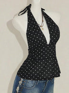 Black Cami Top Halter Lace Up Chic Polka Dot Camis For Women