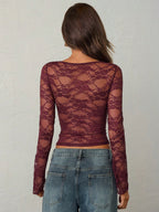 Long Sleeves Tees Burgundy Floral Print Lace Jewel Neck Lycra Spandex Tee Shirt For Women