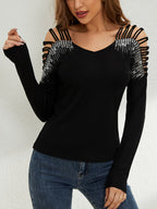 Long Sleeves Tees Black Cotton Clothes Rhinestones Cut Out V-Neck Women Tee Shirt
