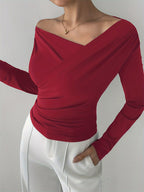 Long Sleeves Tees Black Asymmetrical Neck Polyester Tee Shirt For Women