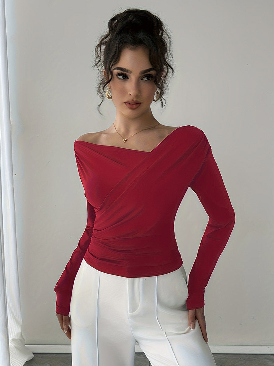Long Sleeves Tees Black Asymmetrical Neck Polyester Tee Shirt For Women