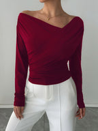 Long Sleeves Tees Black Asymmetrical Neck Polyester Tee Shirt For Women