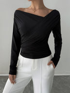Long Sleeves Tees Black Asymmetrical Neck Polyester Tee Shirt For Women