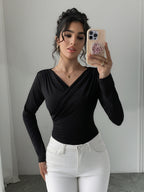 Long Sleeves Tees Black Asymmetrical Neck Polyester Tee Shirt For Women