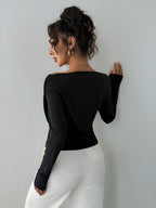 Long Sleeves Tees Black Asymmetrical Neck Polyester Tee Shirt For Women