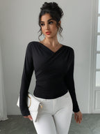 Long Sleeves Tees Black Asymmetrical Neck Polyester Tee Shirt For Women