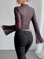 Long Sleeves Tees Brown Floral Print Stand Collar Polyester Women Tee