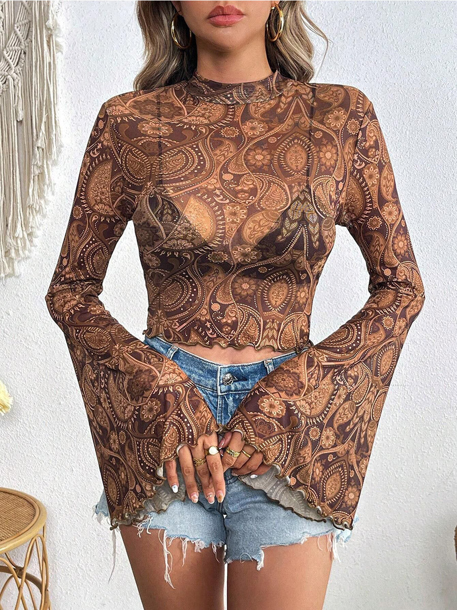 Long Sleeves Tees Brown Floral Print Stand Collar Polyester Women Tee