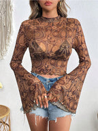 Long Sleeves Tees Brown Floral Print Stand Collar Polyester Women Tee