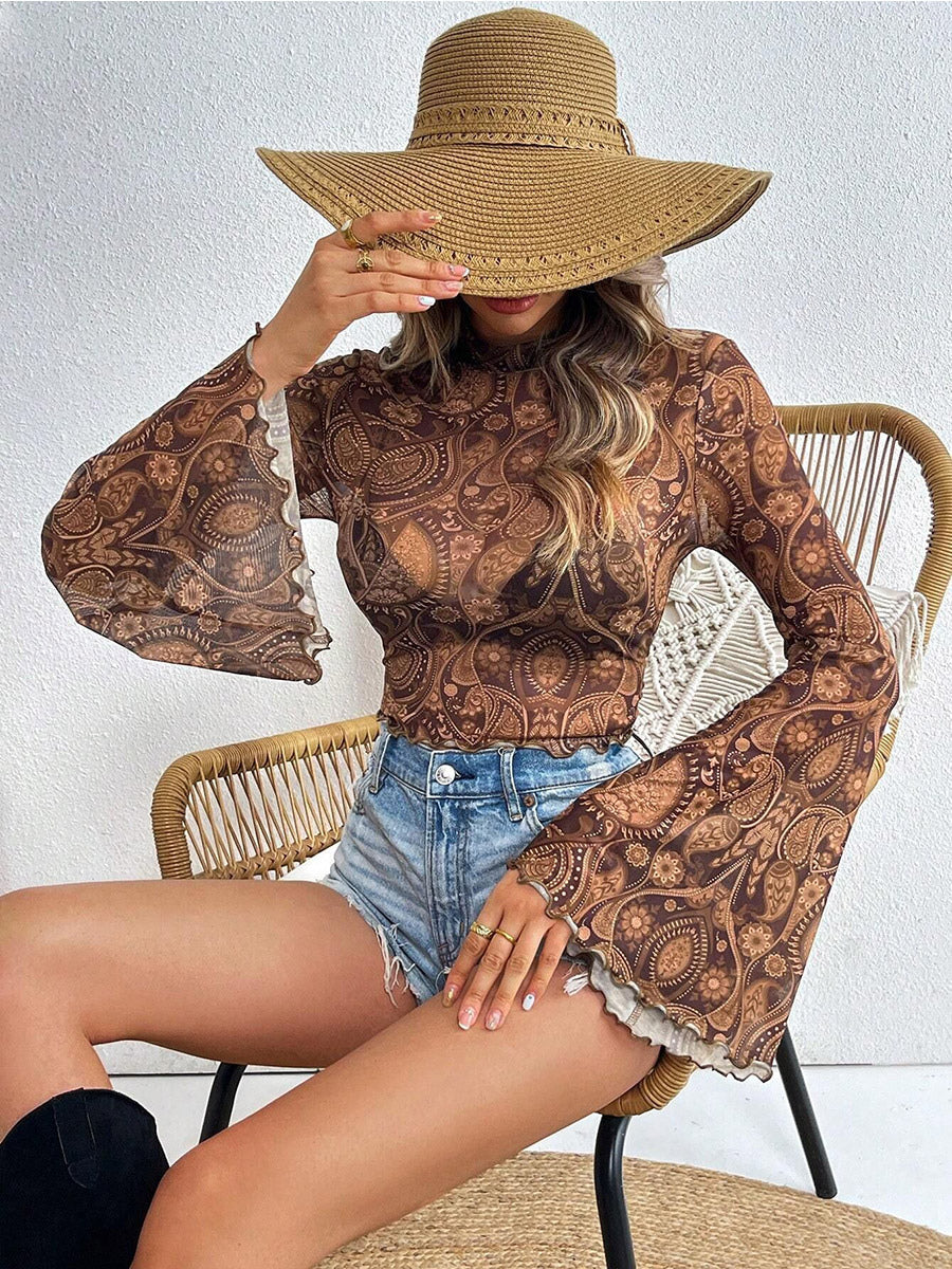Long Sleeves Tees Brown Floral Print Stand Collar Polyester Women Tee