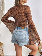 Long Sleeves Tees Brown Floral Print Stand Collar Polyester Women Tee