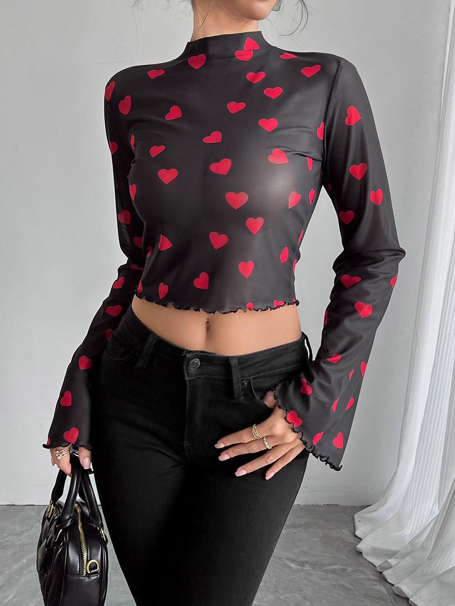 Long Sleeves Tees Brown Floral Print Stand Collar Polyester Women Tee