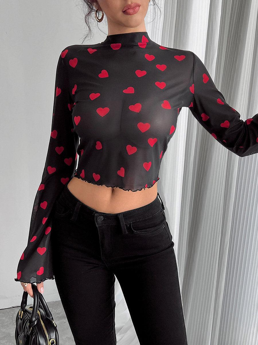 Long Sleeves Tees Brown Floral Print Stand Collar Polyester Women Tee
