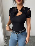 Short Sleeves Tees Black Lace Asymmetrical Neck Women Tee Shirt