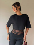 Short Sleeves Tees Black Lace High Collar Women T Shirt