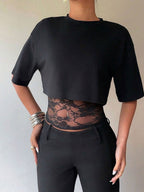 Short Sleeves Tees Black Lace High Collar Women T Shirt