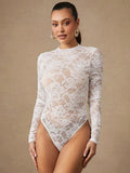 Women Crop Top White Nylon Lace Jewel Neck Long Sleeves Chic Tops