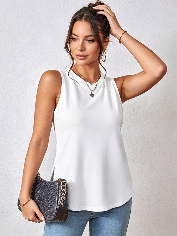 White Cami Top Jewel Neck Split Front Casual Women Camis