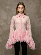 Blouse For Women Apricot Lace Ruffles Turndown Collar Elegant Long Sleeves Tops