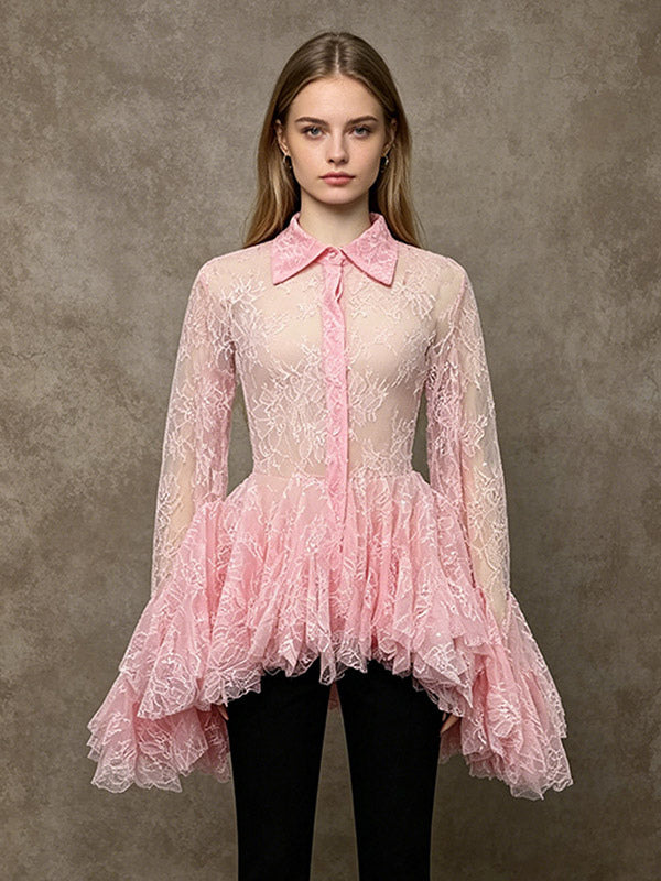 Blouse For Women Apricot Lace Ruffles Turndown Collar Elegant Long Sleeves Tops