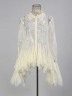 Blouse For Women Apricot Lace Ruffles Turndown Collar Elegant Long Sleeves Tops