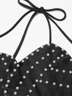 Women Crop Top Black Backless Flowers Pearls Halter Sleeveless Chic Tops