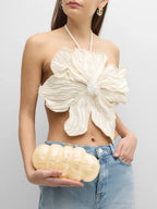 Women Crop Top Black Backless Flowers Pearls Halter Sleeveless Chic Tops