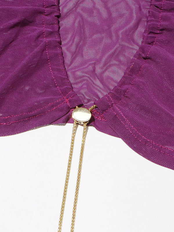 Women Crop Top Purple High Collar Casual Cut Out Rawstring Long Sleeves Tops