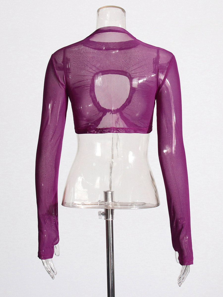 Women Crop Top Purple High Collar Casual Cut Out Rawstring Long Sleeves Tops