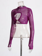 Women Crop Top Purple High Collar Casual Cut Out Rawstring Long Sleeves Tops