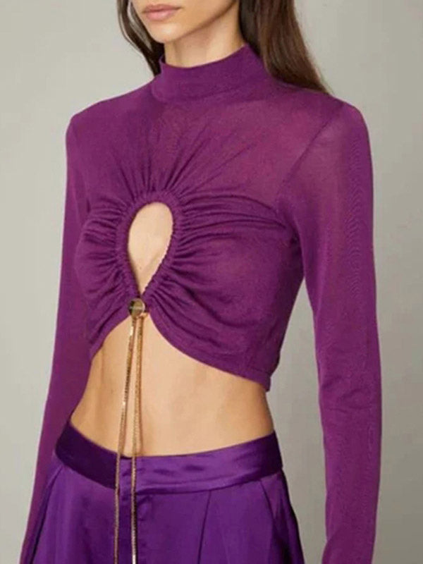 Women Crop Top Purple High Collar Casual Cut Out Rawstring Long Sleeves Tops