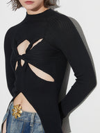 Long Sleeves Tees Black Cut Out Twisted High Collar T Shirt For Women
