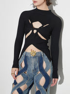 Long Sleeves Tees Black Cut Out Twisted High Collar T Shirt For Women