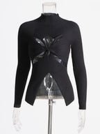 Long Sleeves Tees Black Cut Out Twisted High Collar T Shirt For Women