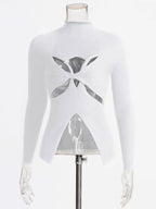 Long Sleeves Tees Black Cut Out Twisted High Collar T Shirt For Women