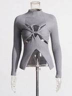 Long Sleeves Tees Black Cut Out Twisted High Collar T Shirt For Women